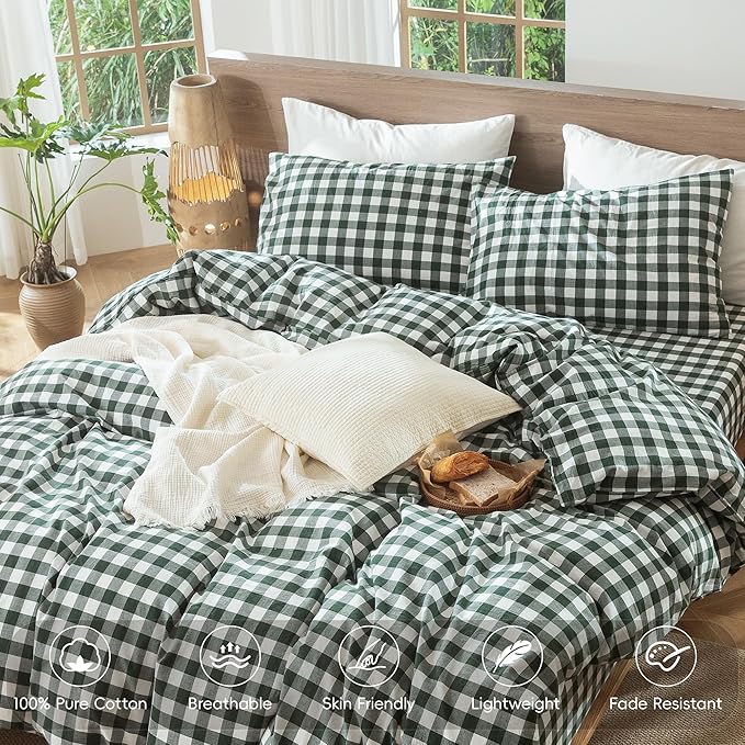 MooMee Gingham Duvet Cover Set 100% Washed Cotton Linen Like Textured - Image 4