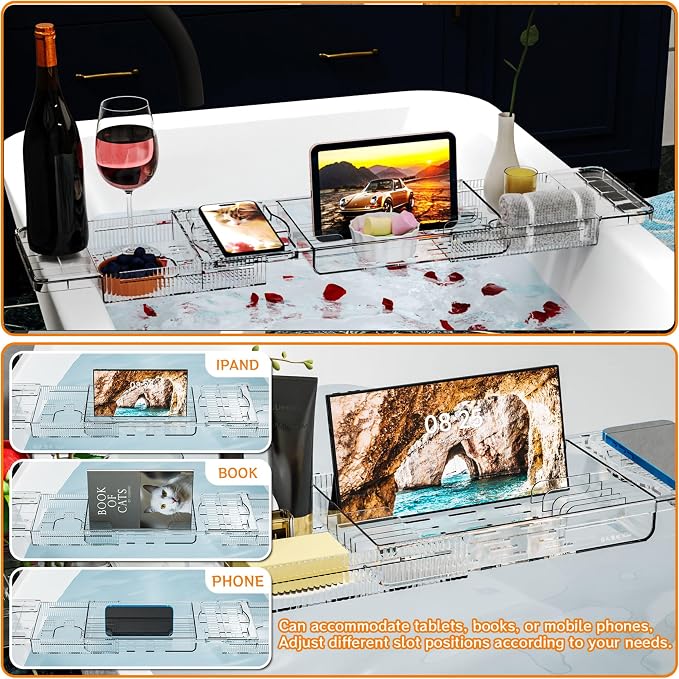 Yieach Luxury Tub Tray for Bathtub Expandable, Plastic Bath Board & Table - Image 4
