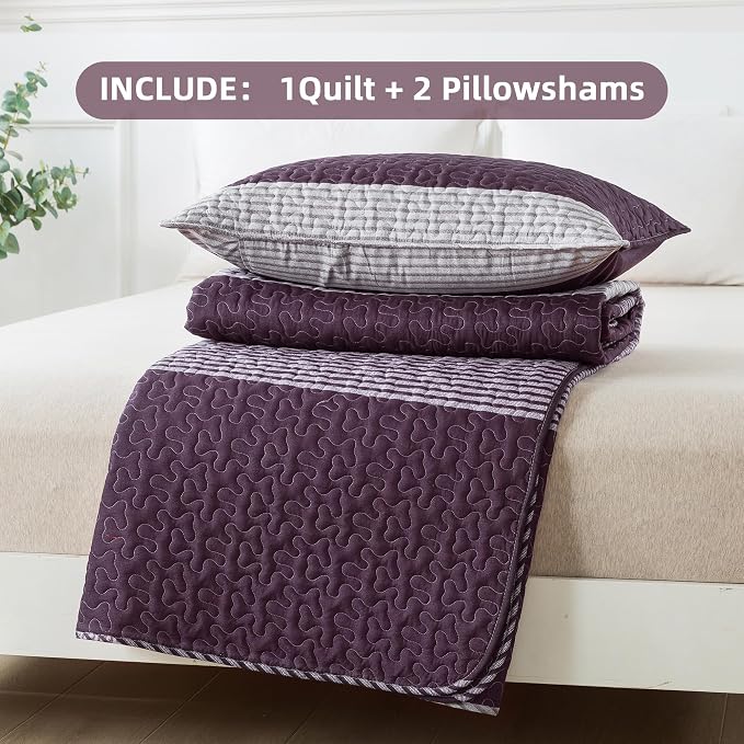 Andency Striped Quilt Set King, 3 Pieces Purple and Grey Striped Bedspread - Image 7