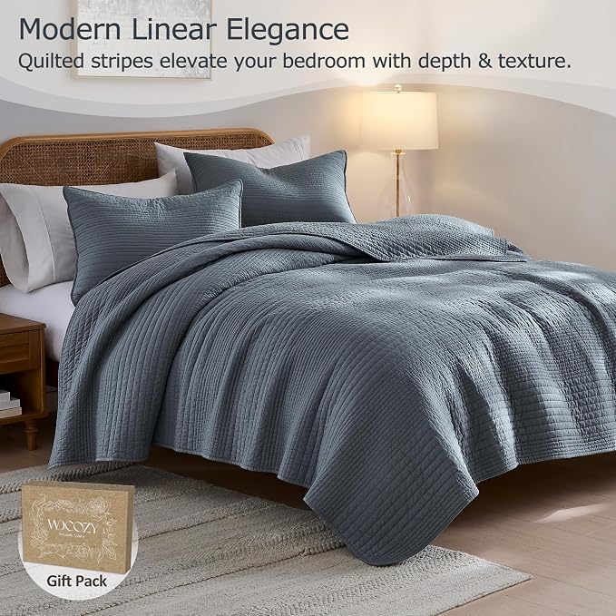PALASSIO Striped Blue Grey 100% Cotton Quilt California Cal King Size Bedding - Image 2