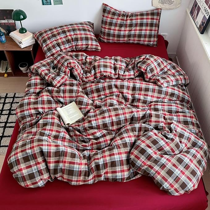 mixinni Vintage Red & Brown Buffalo Plaid Duvet Cover Set Queen Size - Image 3