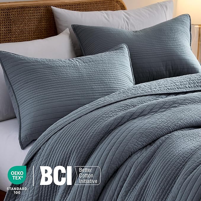 PALASSIO Striped Blue Grey 100% Cotton Quilt California Cal King Size Bedding - Image 3