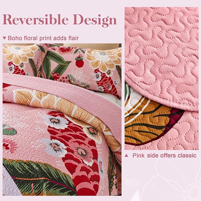 Tyrot 3 Piece Pink Boho Floral Full/Queen Quilt Sets Farmhouse Botanical - Image 3