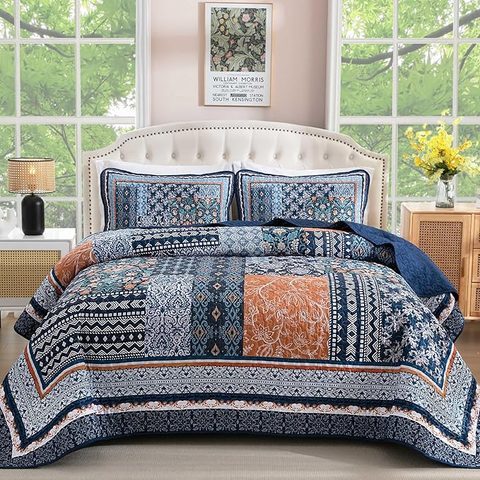 WONGS BEDDING Navy Blue Quilt Set King Size, Bohemian Patchwork Bedspread by WONGSBEDDING