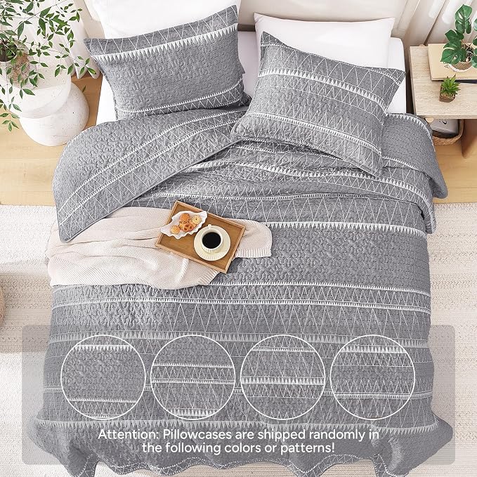 Andency Quilts Queen Size Grey, 3 Pieces Queen Quilt Bedding Set Boho - Image 3