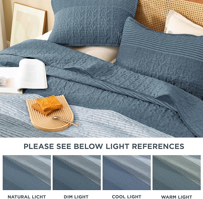 Litanika Oversized King Quilt Set Blue Linen, 128x120 Stripe Bedspread Coverlet - Image 6