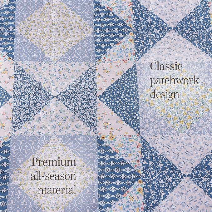 BLOOMHAVEN Quilt Set Queen Size, Patchwork Blue Marigold Floral Quilt Sets - Image 6