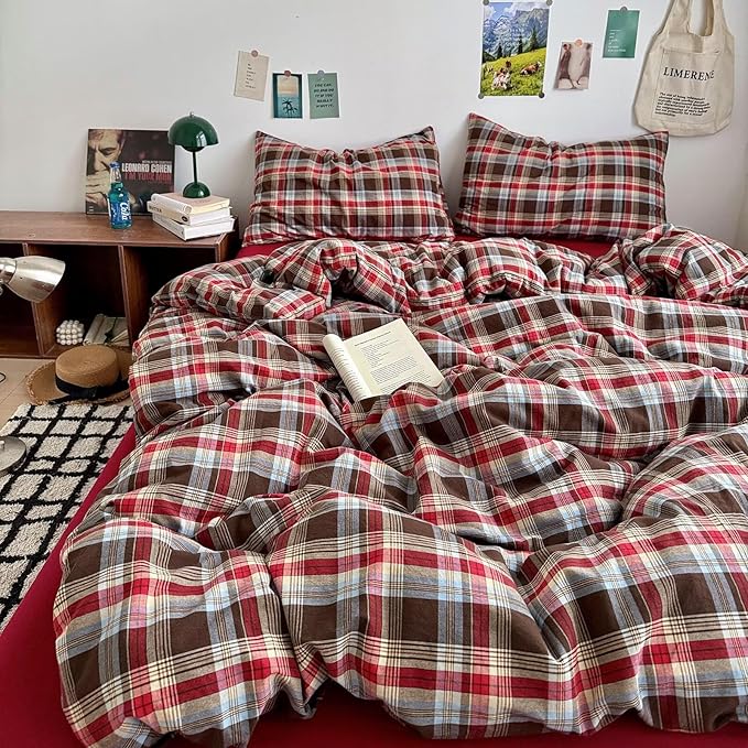 mixinni Vintage Red & Brown Buffalo Plaid Duvet Cover Set Twin XL Size - Image 7