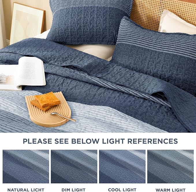 Litanika Oversized Queen Quilt Set Sapphire Blue, 98x98 Stripe Bedspread - Image 6
