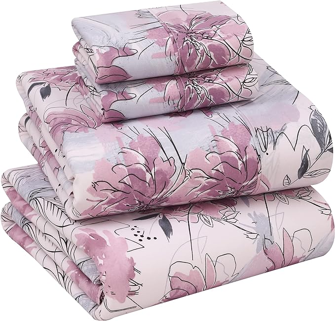 Ruvanti 100% Cotton Bed Sheets, Lilac Floral Print Full Size Sheets Set by Ruvanti