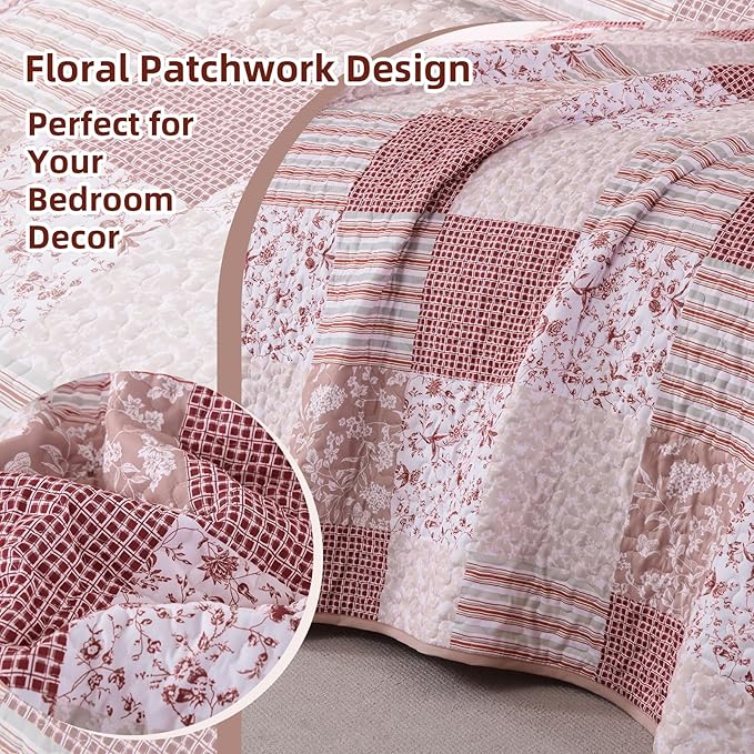 Mybedsoul Patchwork Quilt Set King Size, 3 Pieces Pink Floral Plaid Bedspread - Image 4