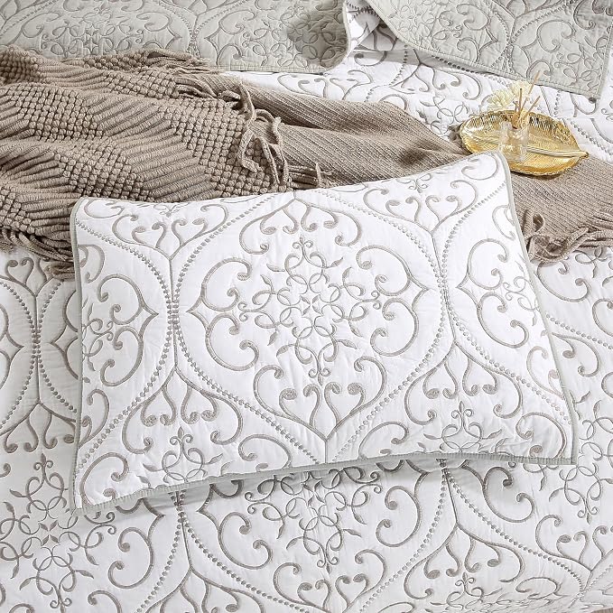 ROOMLIFE Quilt Set Twin Size 3D Floral Embroidery Pattern 3-Piece Cotton - Image 3