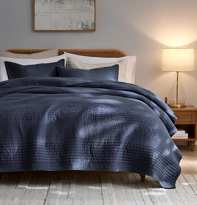 palassio Striped Navy Blue 100% Cotton Quilt Queen Size Bedding Sets, by PALASSIO