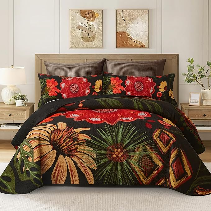 Tyrot 2 Piece Black Red Boho Floral Quilt Sets Twin Size Farmhouse Reversible by TyrotHomeDecor