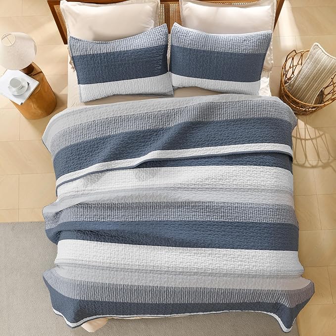 Litanika King Size Quilt Set Navy Blue, Stripe Patchwork Summer Bedspread - Image 3