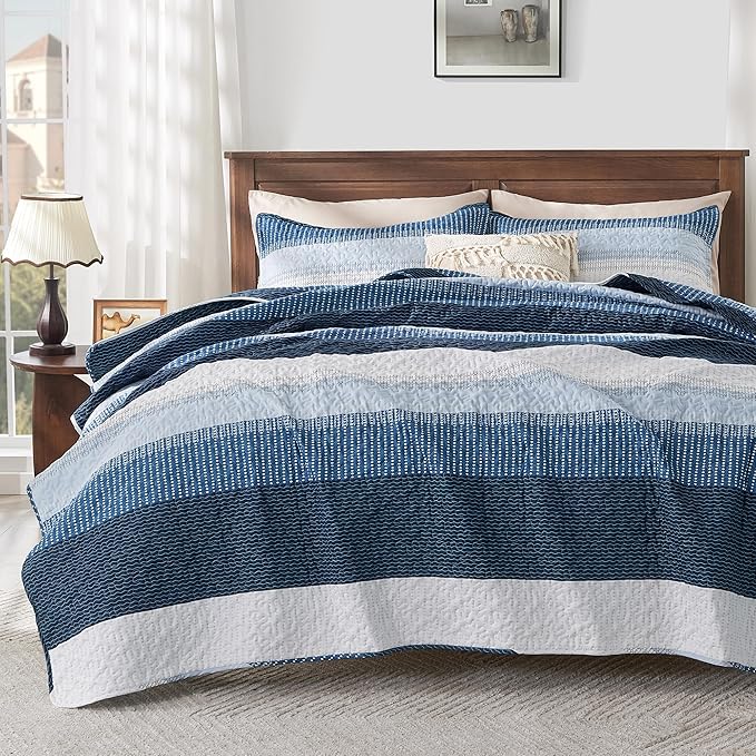 Andency Navy Blue Striped Quilt King, 3 Pieces Patchwork Bedspread Coverlet Set by Andency