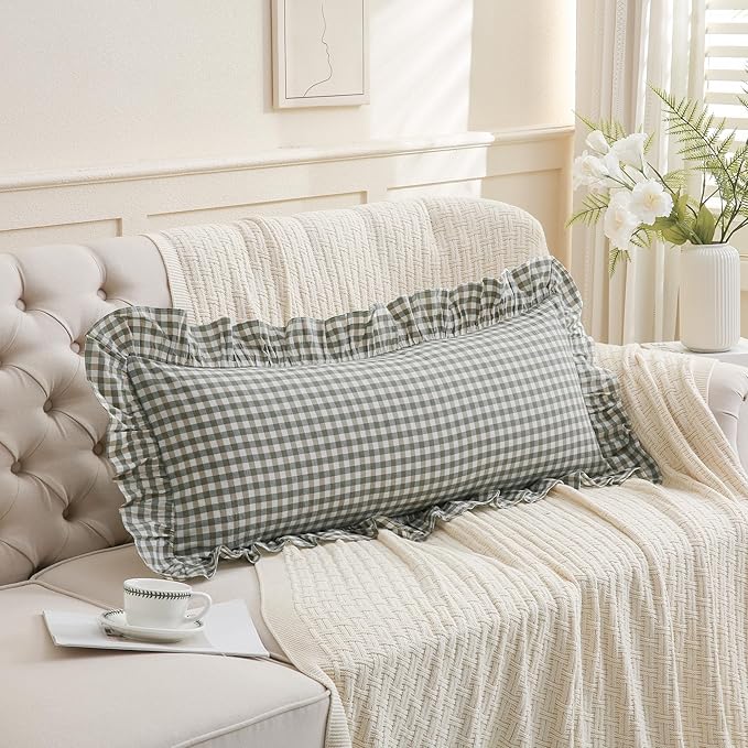 14x36 inches Sage Green Plaid Ruffle Lumbar Pillow Sham 1 Piece, Pure Cotton - Image 4
