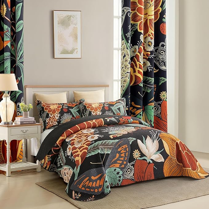 Tyrot 3 Piece Black Boho Floral Californial King Quilt Sets Reversible - Image 2