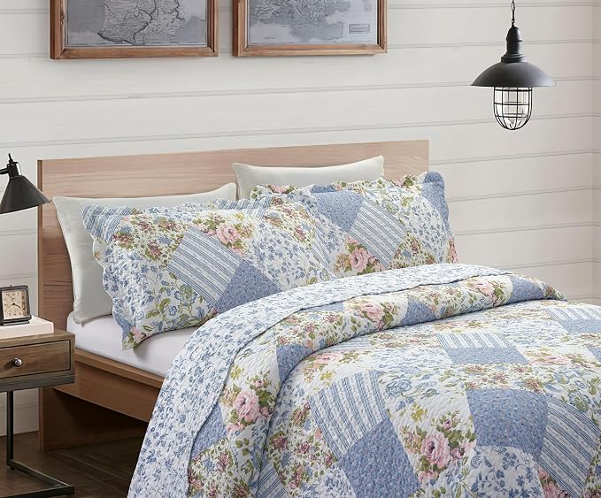Brilliant Sunshine Blue Rose Patchwork, 3-Piece Quilt Set - Image 3