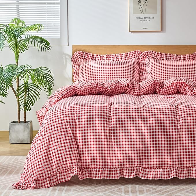 Gingham Duvet Cover Queen Size, 3 Pieces Soft Breathable Microfiber Plaid by Kisswish