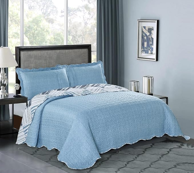 Brilliant Sunshine Blue and Grey Stripe Blocks Patchwork, 3-Piece Quilt Set - Image 2