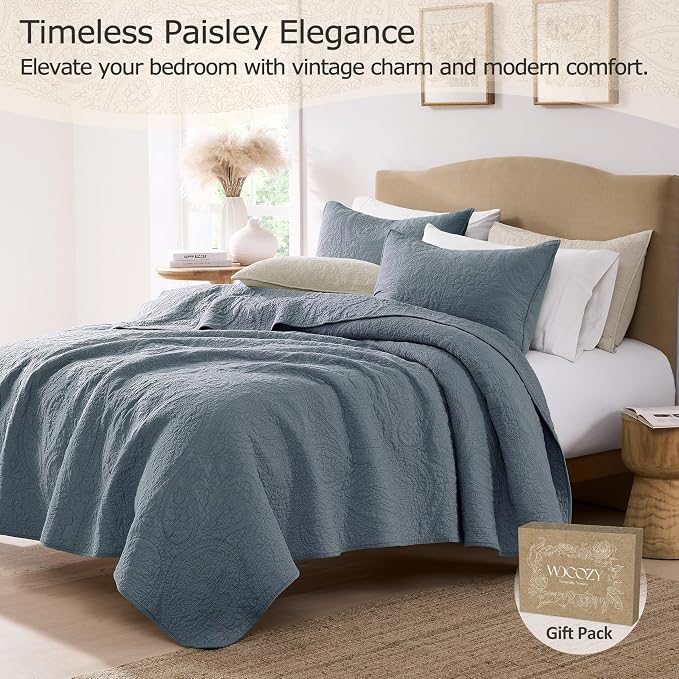 palassio Blue Paisley 100% Cotton Quilt California Cal King Size Bedding Sets - Image 2
