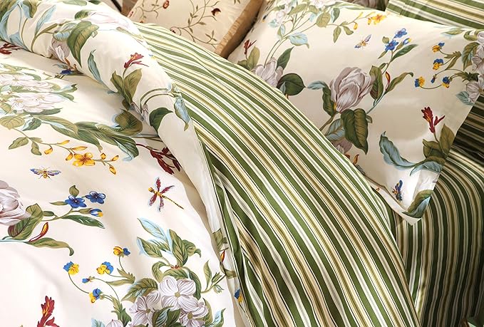 FADFAY Floral Duvet Cover Set 100% Cotton Green and Beige Striped Dorm Room - Image 6