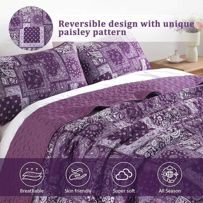 Cottolester Purple Quilt Set King Size, 3 Pieces Boho Patchwork Paisley Quilt - Image 3