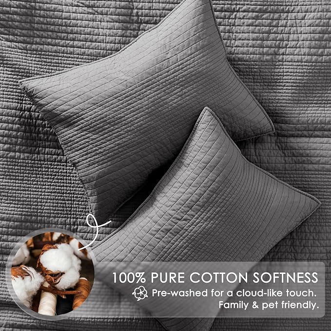palassio Striped Dark Grey 100% Cotton Quilt Queen Size Bedding Sets, - Image 4