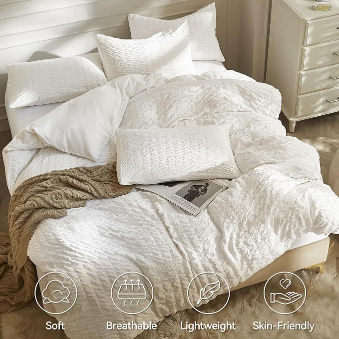 JELLYMONI White Duvet Cover Twin Size, Soft Breathable Seersucker Duvet Cover - Image 2