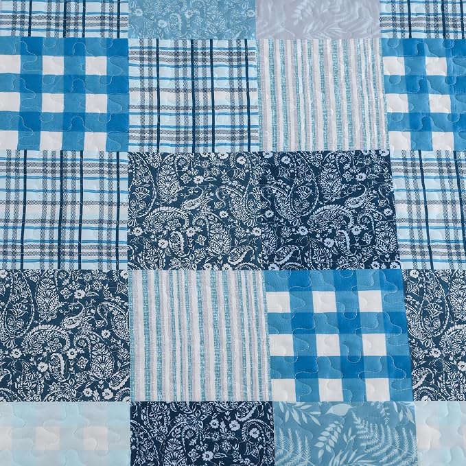 Xruibed Blue Quilt Set King Size 3 Pieces Plaid Floral Boho Bedspread Coverlet - Image 6