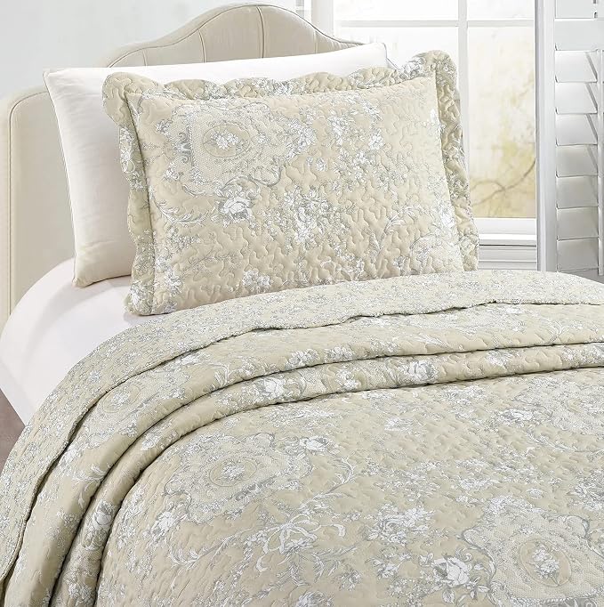 Brilliant Sunshine Classic Grey Floral Toile in Beige Background, 2-Piece Quilt - Image 3