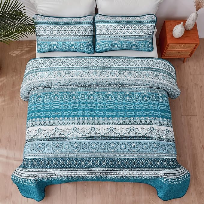WONGS BEDDING Boho Queen Quilt Set, Teal and Blue Bohemian Quilt Bedding Set - Image 6