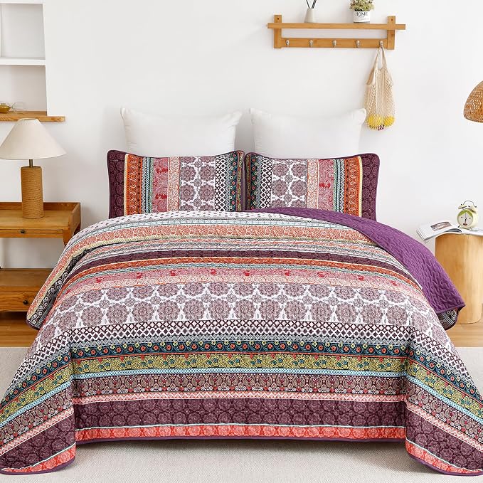 WONGS BEDDING Boho Quilt Set King Size, Lightweight Soft Microfiber Bedding Set by WONGSBEDDING