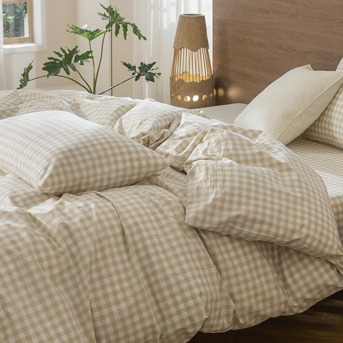 MooMee Gingham Duvet Cover Set 100% Washed Cotton Linen Like Textured - Image 9