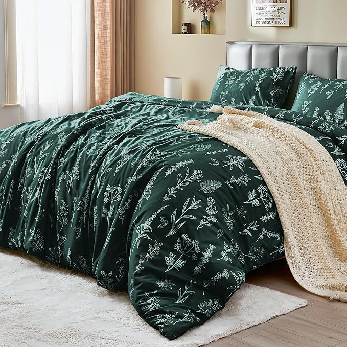 MUXHOMO Duvet Cover Queen Size, Reversible Floral Forest Green Duvet Cover Set - Image 3