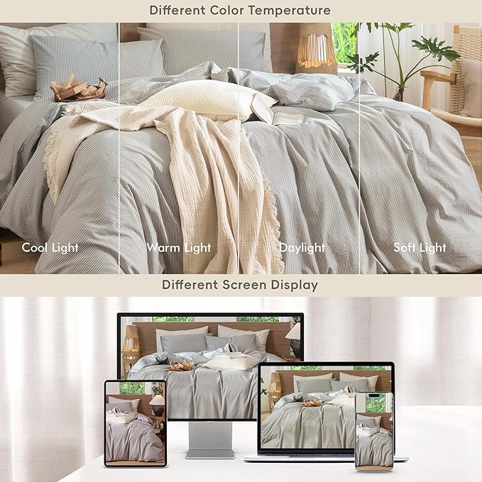 MooMee Striped Duvet Cover Set 100% Washed Cotton Linen Like Textured - Image 7