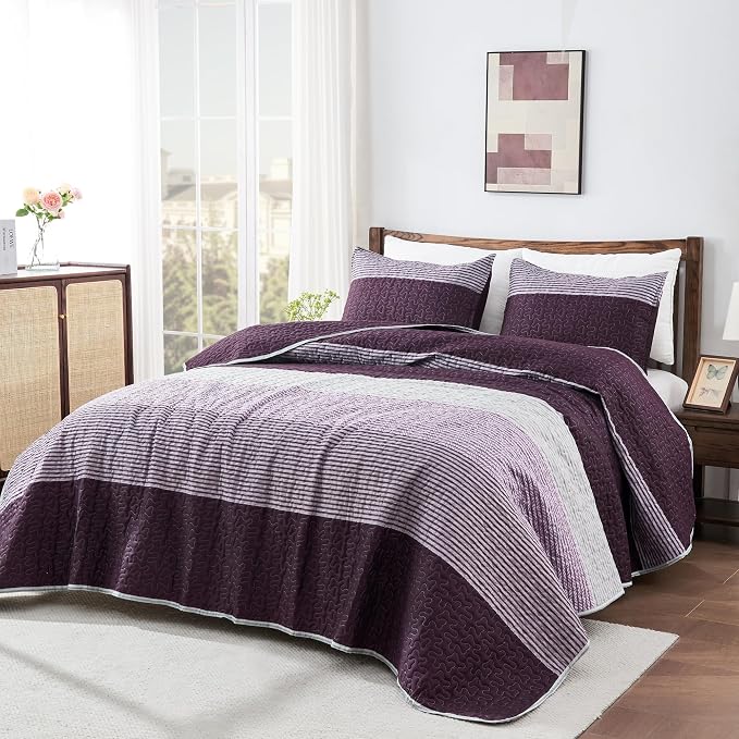 Andency Striped Quilt Set King, 3 Pieces Purple and Grey Striped Bedspread - Image 6