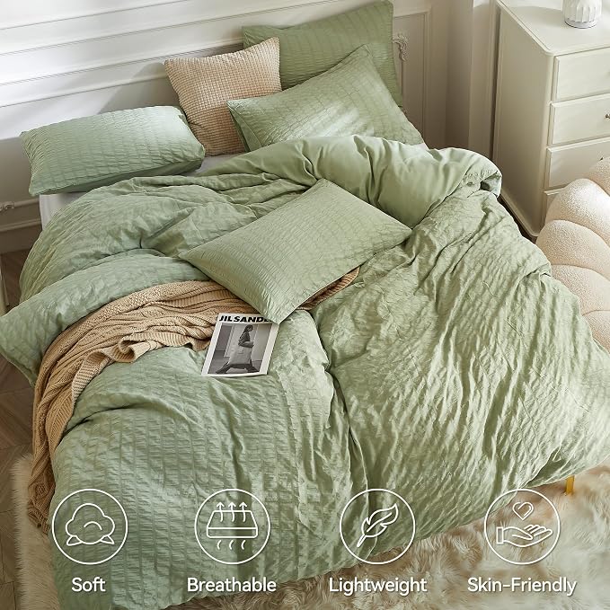 JELLYMONI Light Green Duvet Cover King Size, Soft Breathable Seersucker Duvet - Image 2
