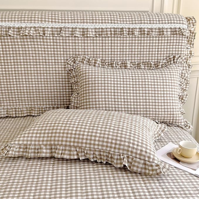 mixinni Tan Gingham Ruffle Duvet Cover Twin XL Size 3 Pieces – 100% Washed - Image 7
