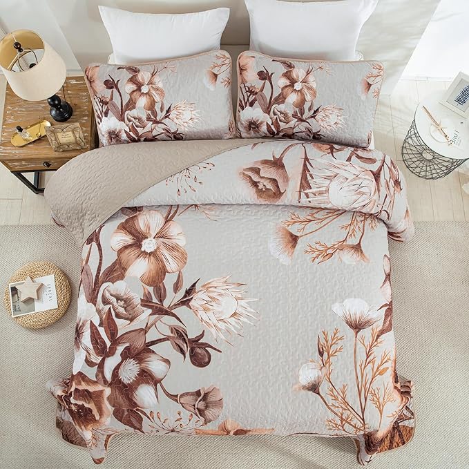 Khaki Floral Quilt Set Queen 3 Pieces Boho Flower Quilt Coverlet Set Soft - Image 3