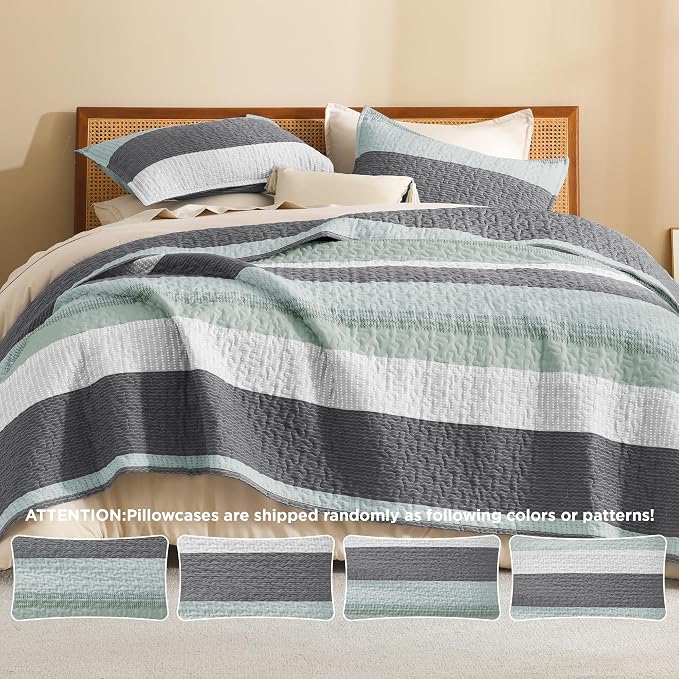 Litanika Oversized Queen Quilt Set Sage Green, 98x98 Stripe Bedspread Coverlet - Image 5