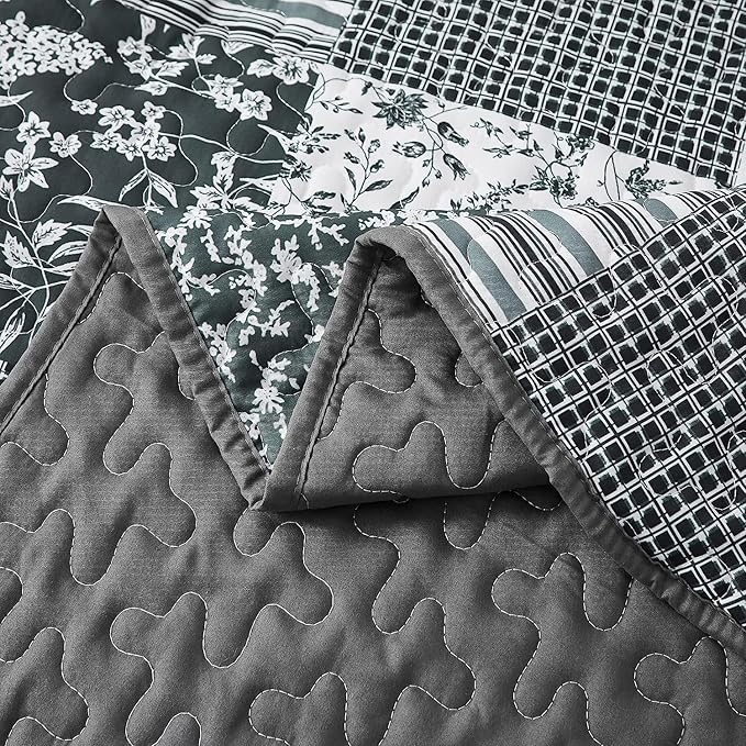Mybedsoul Black Grey Boho Quilt Set California King Size, 3 Pieces Plaid Floral - Image 4