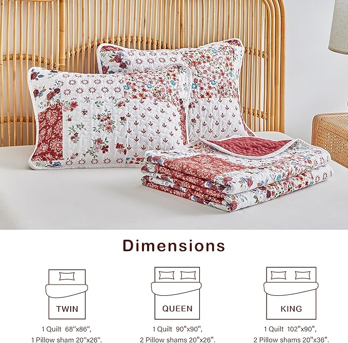 Joyreap 3 Pieces Floral Patchwork Quilt Set Twin, Burgundy Red n White Flowers - Image 6