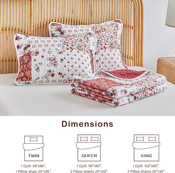 Joyreap 2 Pieces Floral Patchwork Quilt Set Twin, Burgundy Red n White Flowers - Image 6