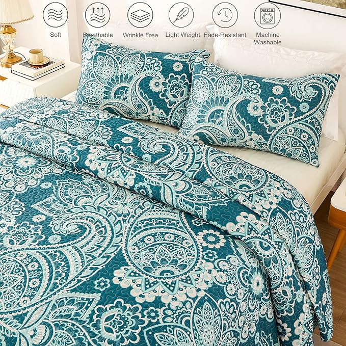 Whale Flotilla Reversible Printed Quilts Queen Size, Extra Soft Boho Paisley - Image 3