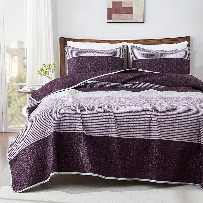 Andency Stripe Quilt Set Queen, 3 Pieces Purple and Grey Patchwork Bedspread by Andency