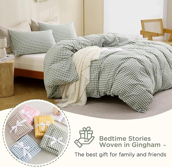 TOCOMOA Green Gingham Duvet Cover Bedding Set 100% Washed Cotton Like Linen - Image 7