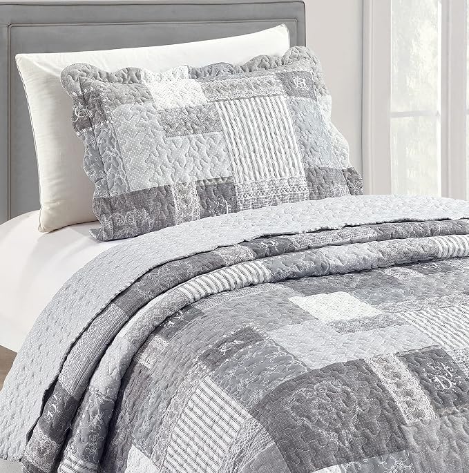 Brilliant Sunshine Grey Heart Love, Floral and Lace Patchwork, 2-Piece Quilt Set - Image 3