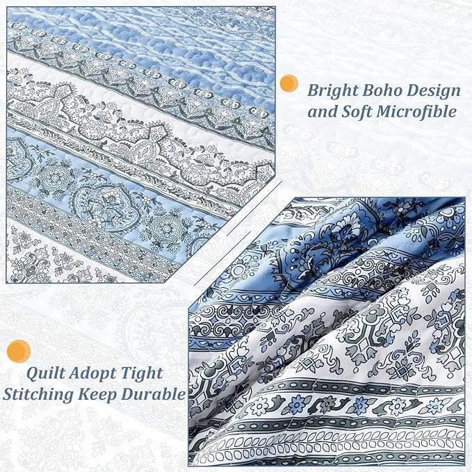 WONGS BEDDING Boho Queen Quilt Set, Light Blue Bohemian Queen Quilt Bedding Set - Image 5